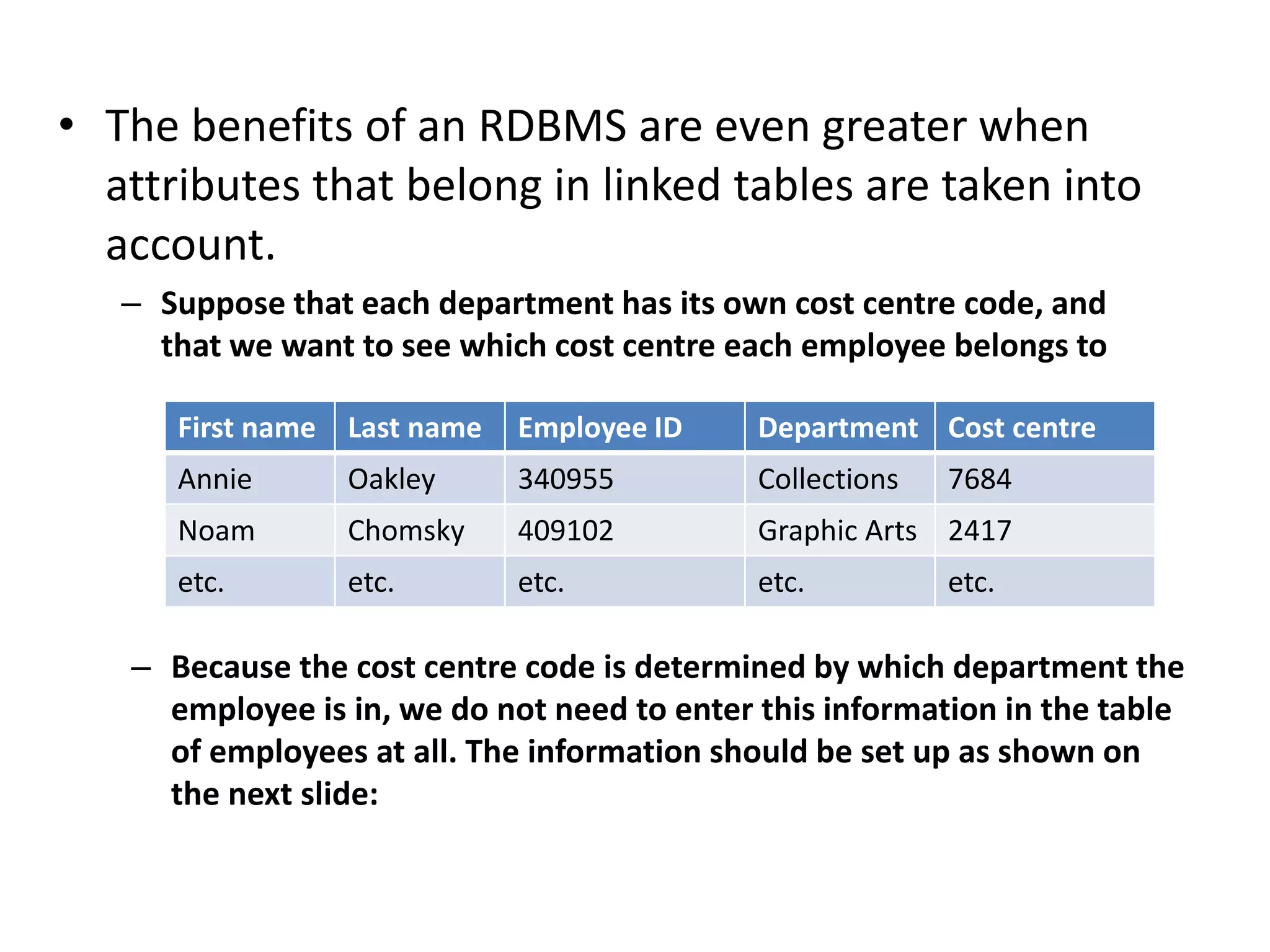 • The benefits of an RDBMS are even greater when
attributes that belong in linked tables are taken into
account.
– Suppose that each department has its own cost centre code, and
that we want to see which cost centre each employee belongs to
First name Last name Employee ID Department Cost centre
Annie Oakley 340955 Collections 7684
Noam Chomsky 409102 Graphic Arts 2417
etc. etc. etc. etc. etc.
– Because the cost centre code is determined by which department the
employee is in, we do not need to enter this information in the table
of employees at all. The information should be set up as shown on
the next slide:
 