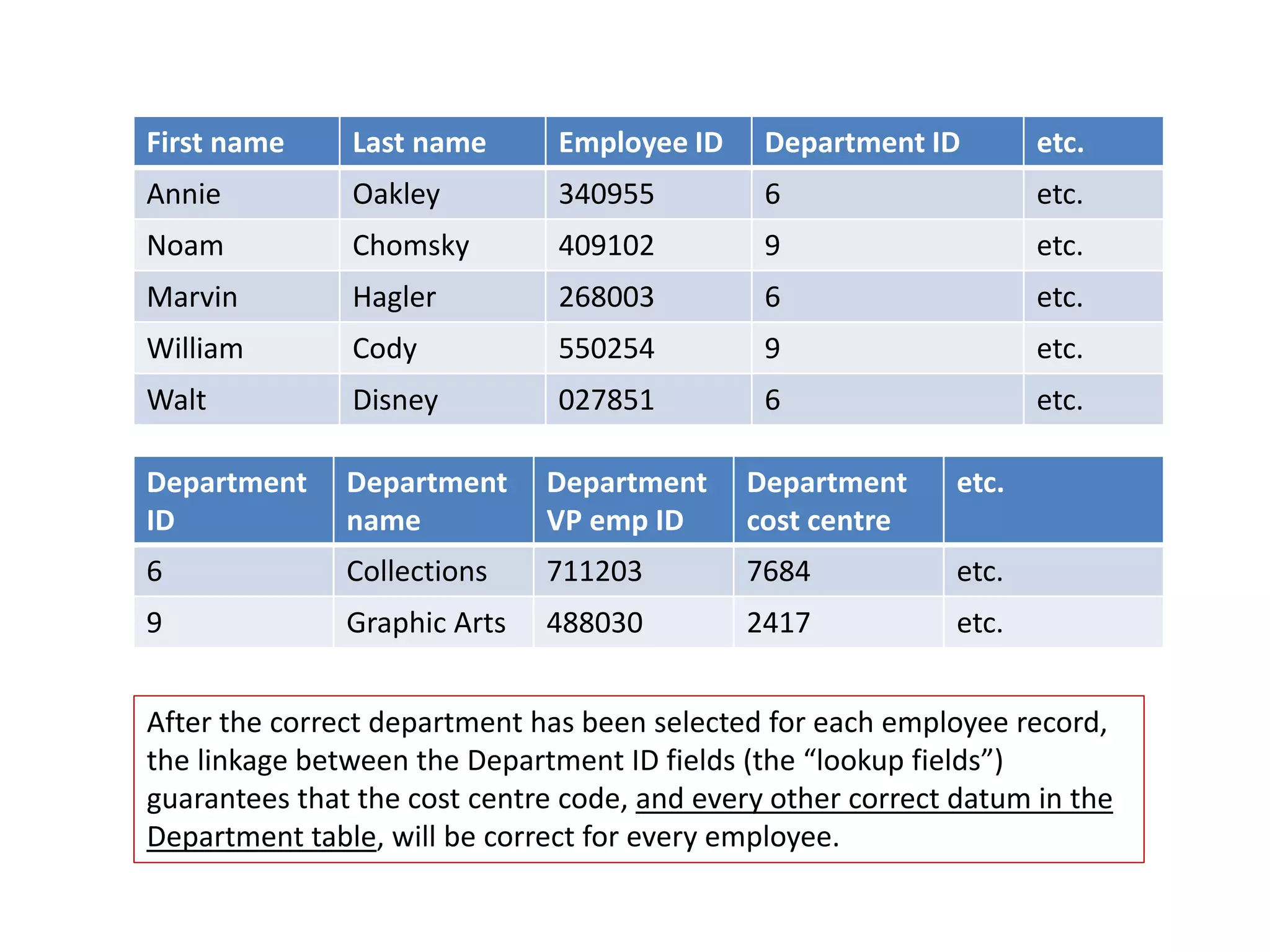 First name Last name Employee ID Department ID etc.
Annie Oakley 340955 6 etc.
Noam Chomsky 409102 9 etc.
Marvin Hagler 268003 6 etc.
William Cody 550254 9 etc.
Walt Disney 027851 6 etc.
Department
ID
Department
name
Department
VP emp ID
Department
cost centre
etc.
6 Collections 711203 7684 etc.
9 Graphic Arts 488030 2417 etc.
After the correct department has been selected for each employee record,
the linkage between the Department ID fields (the “lookup fields”)
guarantees that the cost centre code, and every other correct datum in the
Department table, will be correct for every employee.
 