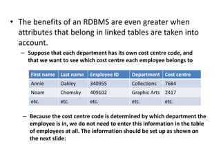 • The benefits of an RDBMS are even greater when
attributes that belong in linked tables are taken into
account.
– Suppose that each department has its own cost centre code, and
that we want to see which cost centre each employee belongs to
First name Last name Employee ID Department Cost centre
Annie Oakley 340955 Collections 7684
Noam Chomsky 409102 Graphic Arts 2417
etc. etc. etc. etc. etc.
– Because the cost centre code is determined by which department the
employee is in, we do not need to enter this information in the table
of employees at all. The information should be set up as shown on
the next slide:
 