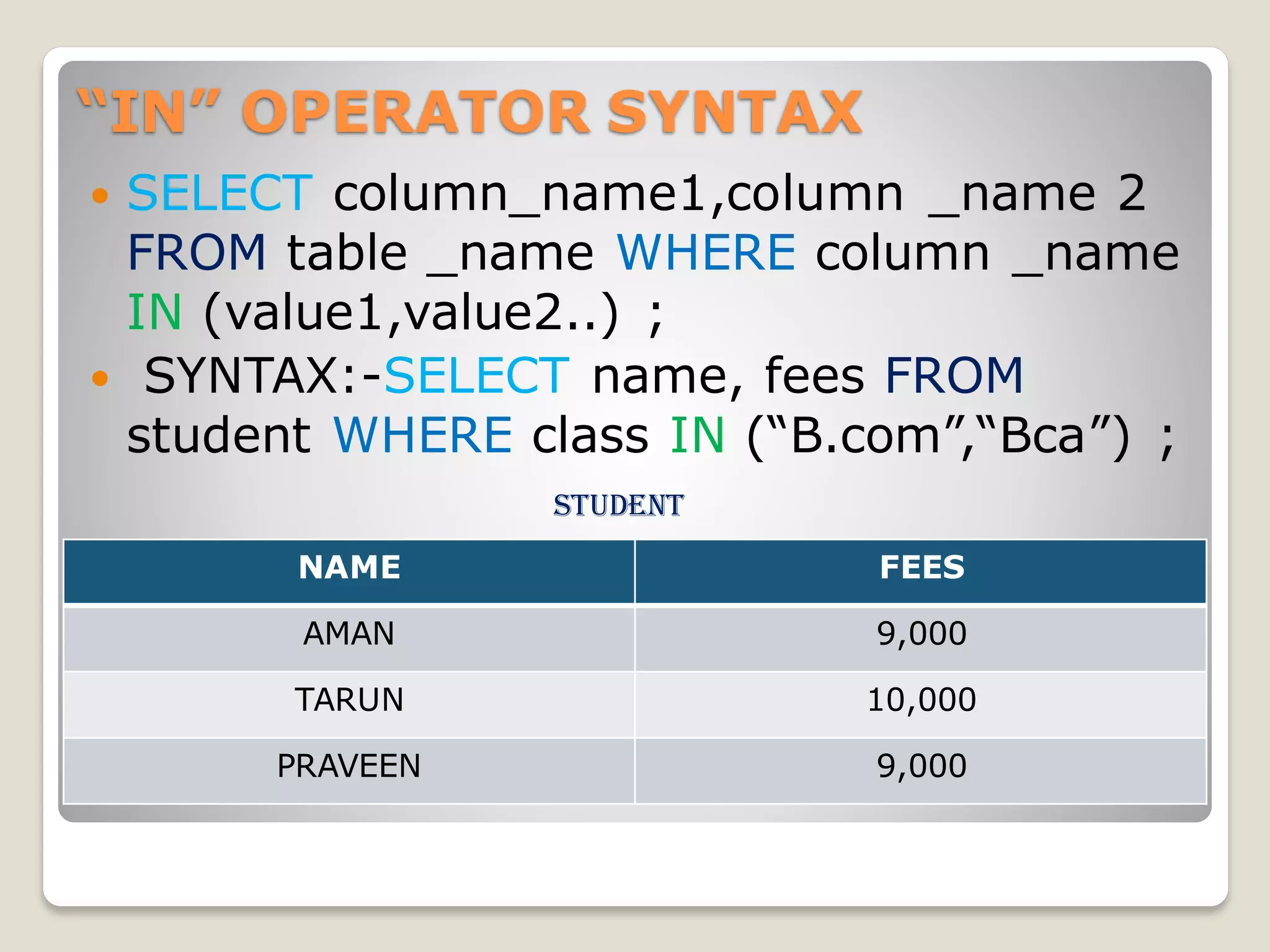 “IN” OPERATOR SYNTAX
 SELECT column_name1,column _name 2
FROM table _name WHERE column _name
IN (value1,value2..) ;
 SYNTAX:-SELECT name, fees FROM
student WHERE class IN (“B.com”,“Bca”) ;
student
NAME FEES
AMAN 9,000
TARUN 10,000
PRAVEEN 9,000
 