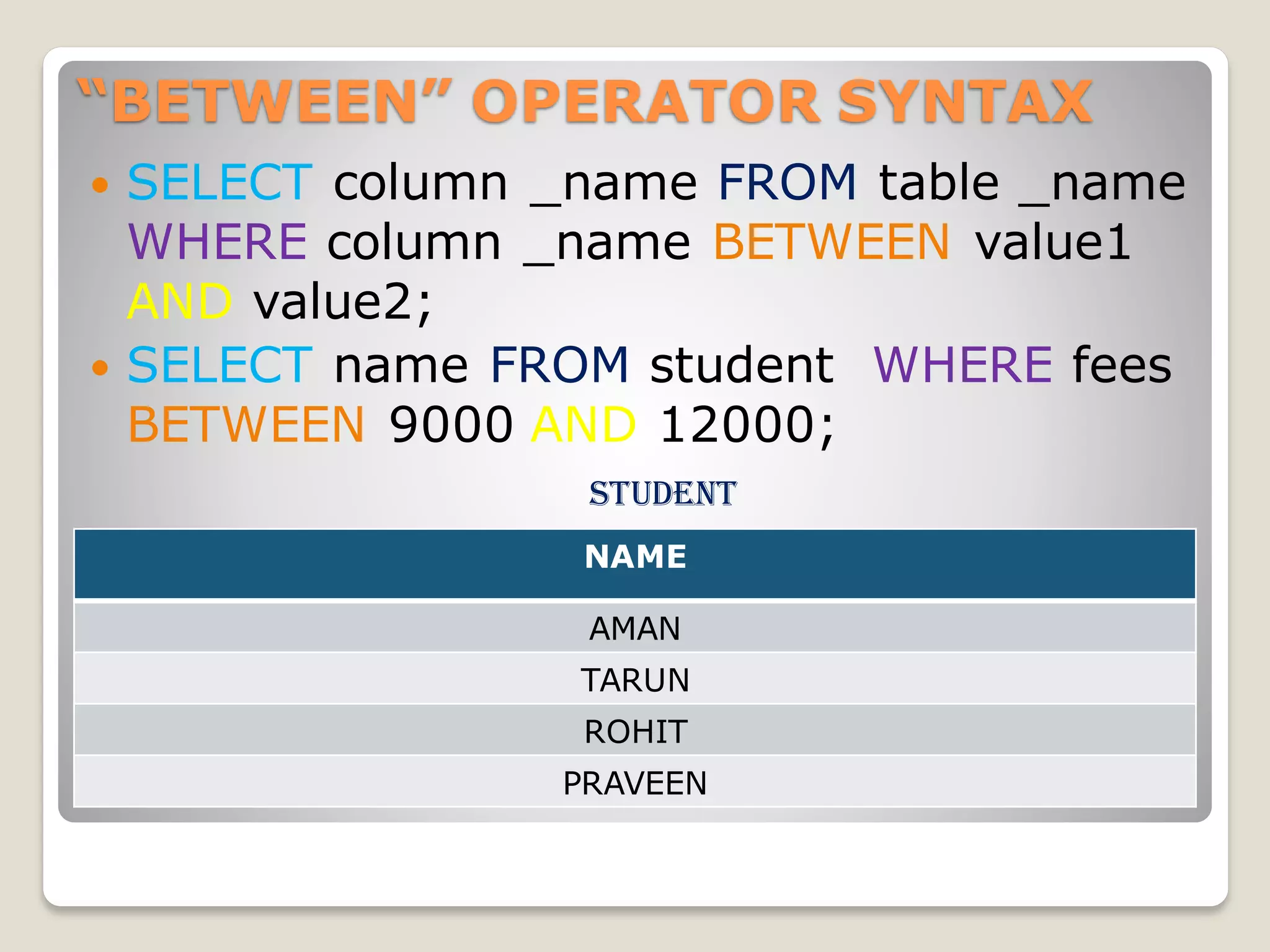 “BETWEEN” OPERATOR SYNTAX
 SELECT column _name FROM table _name
WHERE column _name BETWEEN value1
AND value2;
 SELECT name FROM student WHERE fees
BETWEEN 9000 AND 12000;
student
NAME
AMAN
TARUN
ROHIT
PRAVEEN
 