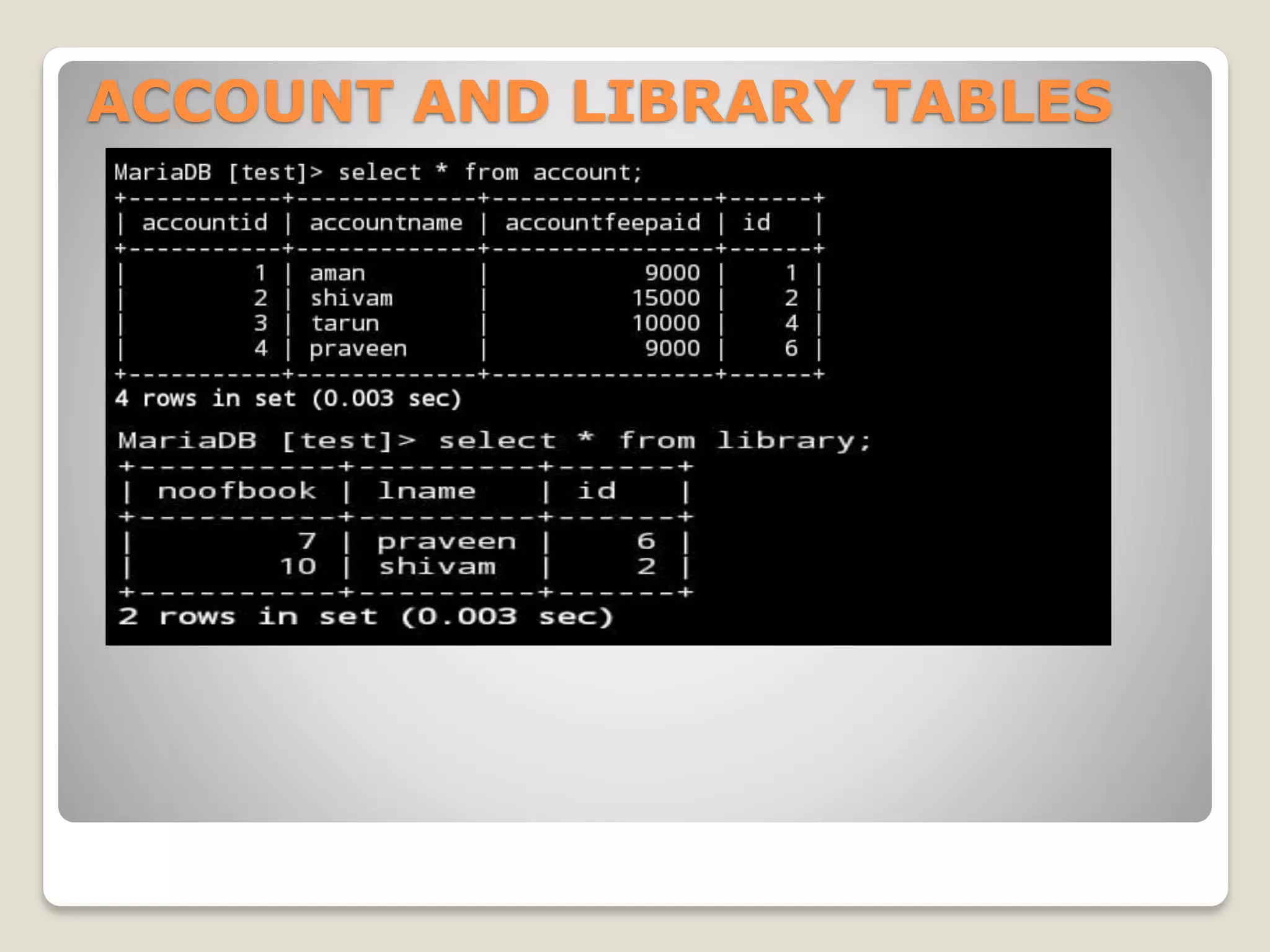 ACCOUNT AND LIBRARY TABLES
 