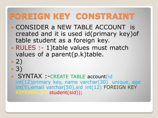 FOREIGN KEY CONSTRAINT
 CONSIDER a NEW TABLE ACCOUNT is
created and it is used id(primary key)of
table student as a foreign key.
 RULES :- 1)table values must match
values of a parent(p.k)table.
 2)
 3)
 SYNTAX :-CREATE TABLE account(id
int(12)primary key, name varchar(30) unique, age
int(5),email varchar(50),sid int(12) FOREIGN KEY
REFERENCES student(sid));
 