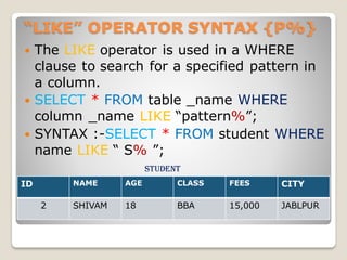“LIKE” OPERATOR SYNTAX {P%}
 The LIKE operator is used in a WHERE
clause to search for a specified pattern in
a column.
 SELECT * FROM table _name WHERE
column _name LIKE “pattern%”;
 SYNTAX :-SELECT * FROM student WHERE
name LIKE “ S% ”;
student
ID NAME AGE CLASS FEES CITY
2 SHIVAM 18 BBA 15,000 JABLPUR
 