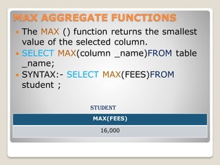 MAX AGGREGATE FUNCTIONS
 The MAX () function returns the smallest
value of the selected column.
 SELECT MAX(column _name)FROM table
_name;
 SYNTAX:- SELECT MAX(FEES)FROM
student ;
student
MAX(FEES)
16,000
 