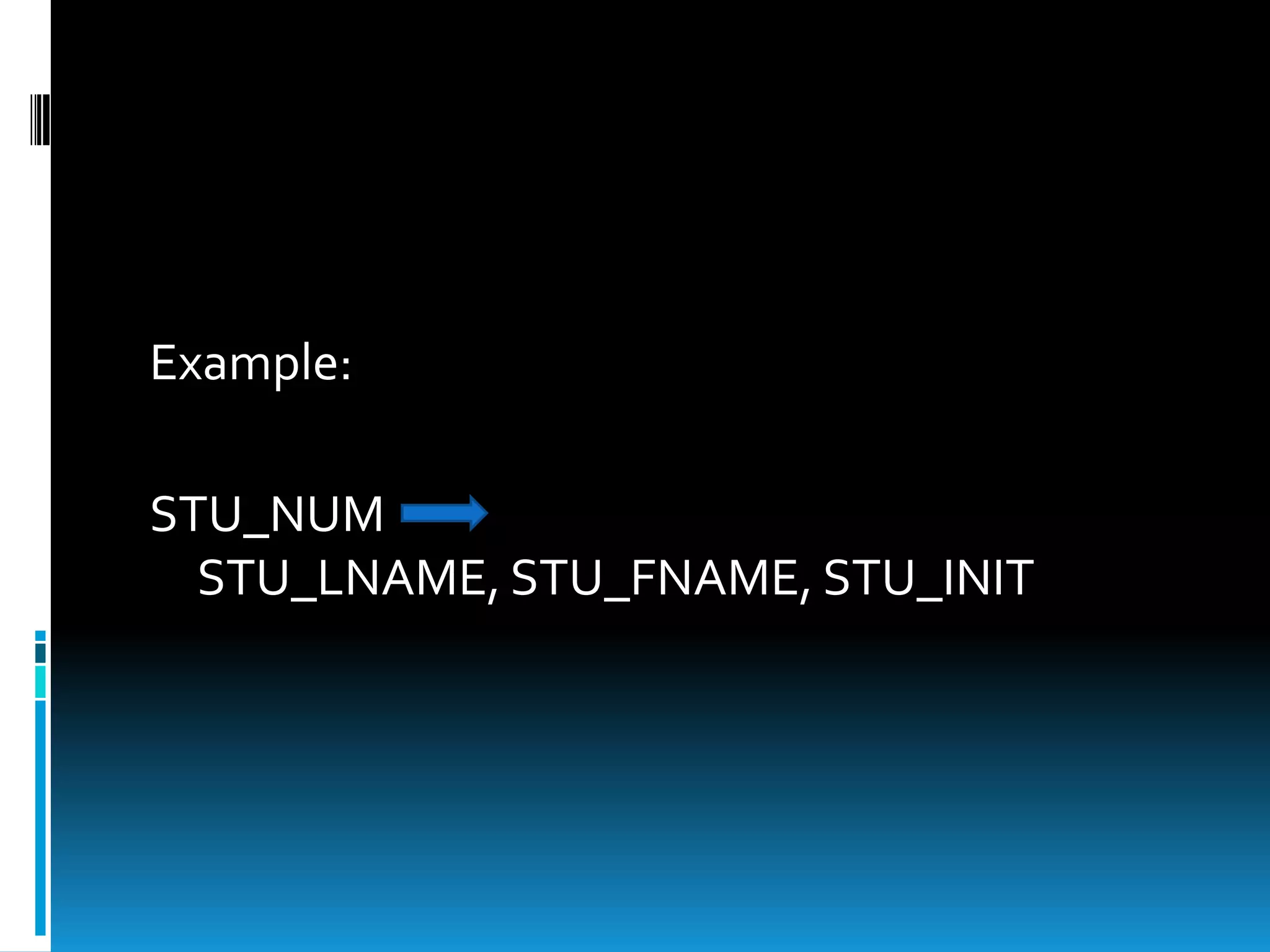 Example:

STU_NUM
  STU_LNAME, STU_FNAME, STU_INIT
 