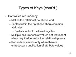 13
Types of Keys (cont’d.)
• Controlled redundancy
– Makes the relational database work
– Tables within the database share common
attributes
• Enables tables to be linked together
– Multiple occurrences of values not redundant
when required to make the relationship work
– Redundancy exists only when there is
unnecessary duplication of attribute values
 