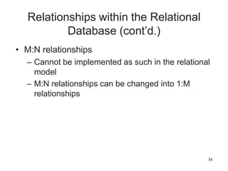 34
Relationships within the Relational
Database (cont’d.)
• M:N relationships
– Cannot be implemented as such in the relational
model
– M:N relationships can be changed into 1:M
relationships
 