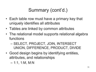 51
Summary (cont’d.)
• Each table row must have a primary key that
uniquely identifies all attributes
• Tables are linked by common attributes
• The relational model supports relational algebra
functions
– SELECT, PROJECT, JOIN, INTERSECT
UNION, DIFFERENCE, PRODUCT, DIVIDE
• Good design begins by identifying entities,
attributes, and relationships
– 1:1, 1:M, M:N
 