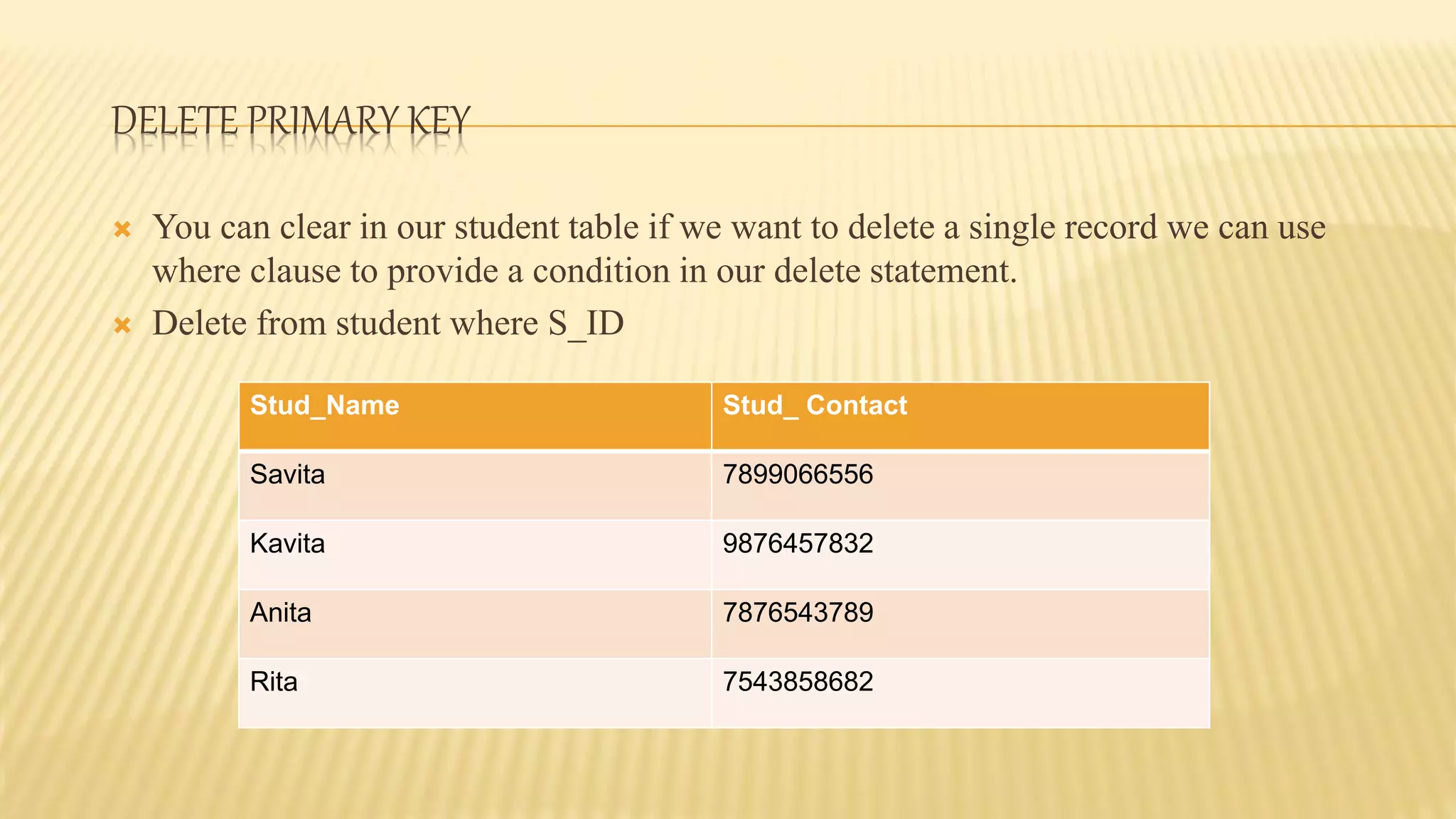 DELETE PRIMARY KEY
 You can clear in our student table if we want to delete a single record we can use
where clause to provide a condition in our delete statement.
 Delete from student where S_ID
Stud_Name Stud_ Contact
Savita 7899066556
Kavita 9876457832
Anita 7876543789
Rita 7543858682
 