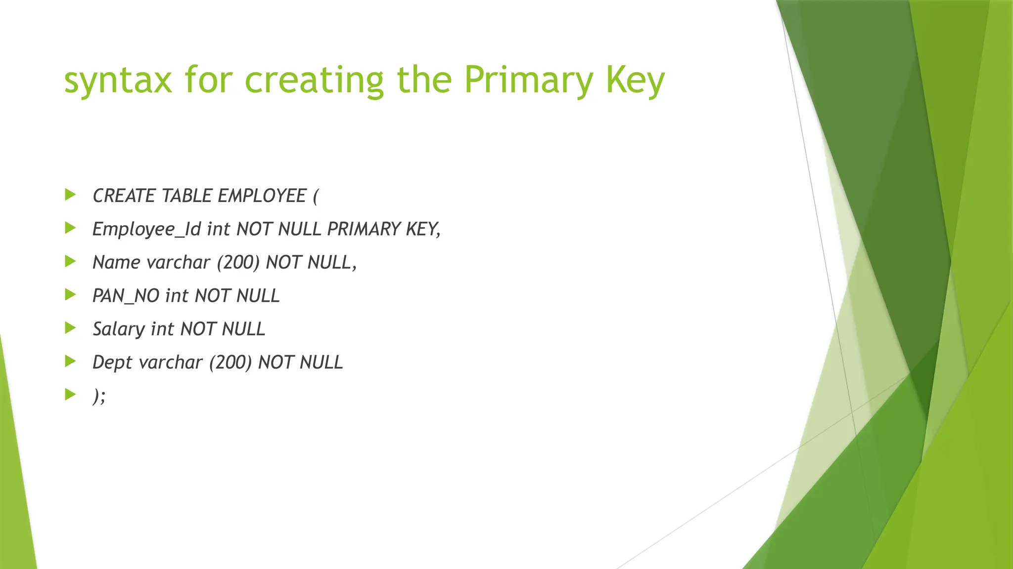 syntax for creating the Primary Key
 CREATE TABLE EMPLOYEE (
 Employee_Id int NOT NULL PRIMARY KEY,
 Name varchar (200) NOT NULL,
 PAN_NO int NOT NULL
 Salary int NOT NULL
 Dept varchar (200) NOT NULL
 );
 