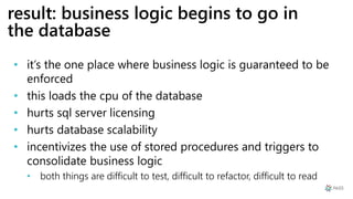 result: business logic begins to go in
the database
• it’s the one place where business logic is guaranteed to be
enforced
• this loads the cpu of the database
• hurts sql server licensing
• hurts database scalability
• incentivizes the use of stored procedures and triggers to
consolidate business logic
• both things are difficult to test, difficult to refactor, difficult to read
 