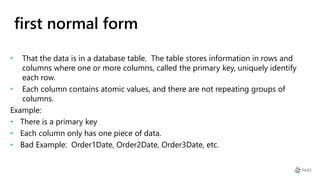 first normal form
• That the data is in a database table. The table stores information in rows and
columns where one or more columns, called the primary key, uniquely identify
each row.
• Each column contains atomic values, and there are not repeating groups of
columns.
Example:
• There is a primary key
• Each column only has one piece of data.
• Bad Example: Order1Date, Order2Date, Order3Date, etc.
 