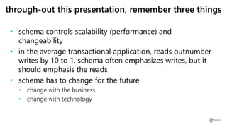 through-out this presentation, remember three things
• schema controls scalability (performance) and
changeability
• in the average transactional application, reads outnumber
writes by 10 to 1, schema often emphasizes writes, but it
should emphasis the reads
• schema has to change for the future
• change with the business
• change with technology
 