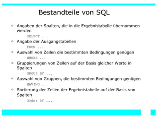 Bestandteile von SQL Angaben der Spalten, die in die Ergebnistabelle übernommen werden SELECT ... Angabe der Ausgangstabellen FROM ... Auswahl von Zeilen die bestimmten Bedingungen genügen WHERE ... Gruppierungen von Zeilen auf der Basis gleicher Werte in Spalten GROUP BY ... Auswahl von Gruppen, die bestimmten Bedingungen genügen HAVING ... Sortierung der Zeilen der Ergebnistabelle auf der Basis von Spalten   Order BY ... 