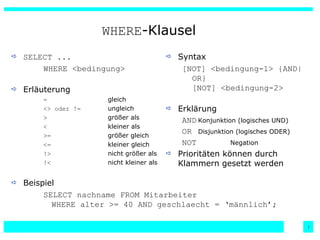 WHERE -Klausel SELECT ... WHERE <bedingung> Erläuterung =   gleich <> oder != ungleich > größer als < kleiner als >= größer gleich <= kleiner gleich !> nicht größer als !< nicht kleiner als Syntax [NOT] <bedingung-1> {AND|OR} [NOT] <bedingung-2> Erklärung AND Konjunktion (logisches UND) OR Disjunktion (logisches ODER) NOT   Negation Prioritäten können durch Klammern gesetzt werden Beispiel SELECT nachname FROM Mitarbeiter WHERE alter >= 40 AND geschlaecht = ‘männlich’; 