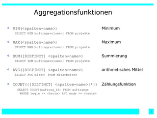 Aggregationsfunktionen MIN(<spalten-name>) Minimum SELECT MIN(auftragsvolumen) FROM projekte MAX(<spalten-name>) Maximum SELECT MAX(auftragsvolumen) FROM projekte SUM([DISTINCT] <spalten-name>) Summierung SELECT SUM(auftragsvolumen) FROM projekte AVG([DISTINCT] <spalten-name>) arithmetisches Mittel SELECT AVG(alter) FROM mitarbeiter COUNT({[DISTINCT] <spalten-name>|*}) Zählungsfunktion SELECT COUNT(auftrag_id) FROM auftraege WHERE begin <= <heute> AND ende >= <heute> 