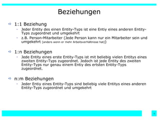 Beziehungen 1:1 Beziehung Jeder Entity des einen Entity-Typs ist eine Entiy eines anderen Entity-Typs zugeordnet und umgekehrt z.B. Person-Mitarbeiter (Jede Person kann nur ein Mitarbeiter sein und umgekehrt  [anders wenn er mehr Arbeitsverhältnisse hat] ) 1:n Beziehungen Jede Entity eines erste Entity-Typs ist mit beliebig vielen Entitys eines zweiten Entity-Typs zugeordnet. Jedoch ist jede Entity des zweiten Entity-Typs nur genau einem Entiy des ertsten Entity-Typs zugeordnet.  n:m Beziehungen Jeder Entiy eines Entity-Typs sind beliebig viele Entitys eines anderen Entity-Typs zugeordnet und umgekehrt 