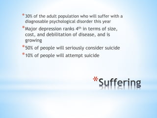 *
*30% of the adult population who will suffer with a
diagnosable psychological disorder this year
*Major depression ranks 4th in terms of size,
cost, and debilitation of disease, and is
growing
*50% of people will seriously consider suicide
*10% of people will attempt suicide
 