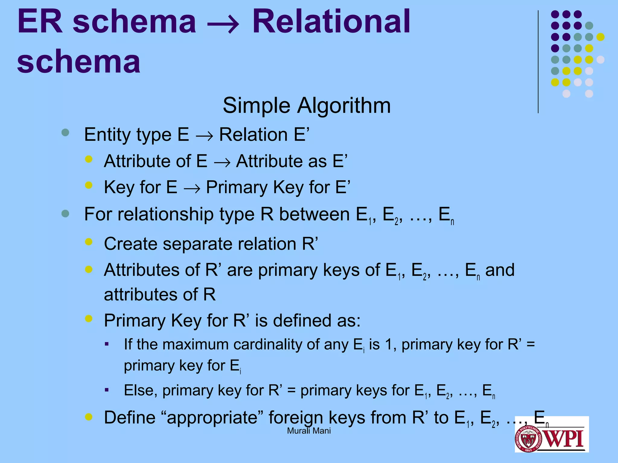 ER schema → Relational
schema
Simple Algorithm




Entity type E → Relation E’
 Attribute of E → Attribute as E’
 Key for E → Primary Key for E’
For relationship type R between E1, E2, …, En





Create separate relation R’
Attributes of R’ are primary keys of E1, E2, …, En and
attributes of R
Primary Key for R’ is defined as:






If the maximum cardinality of any Ei is 1, primary key for R’ =
primary key for Ei
Else, primary key for R’ = primary keys for E1, E2, …, En

Define “appropriate” foreign keys from R’ to E1, E2, …, En
Murali Mani

 