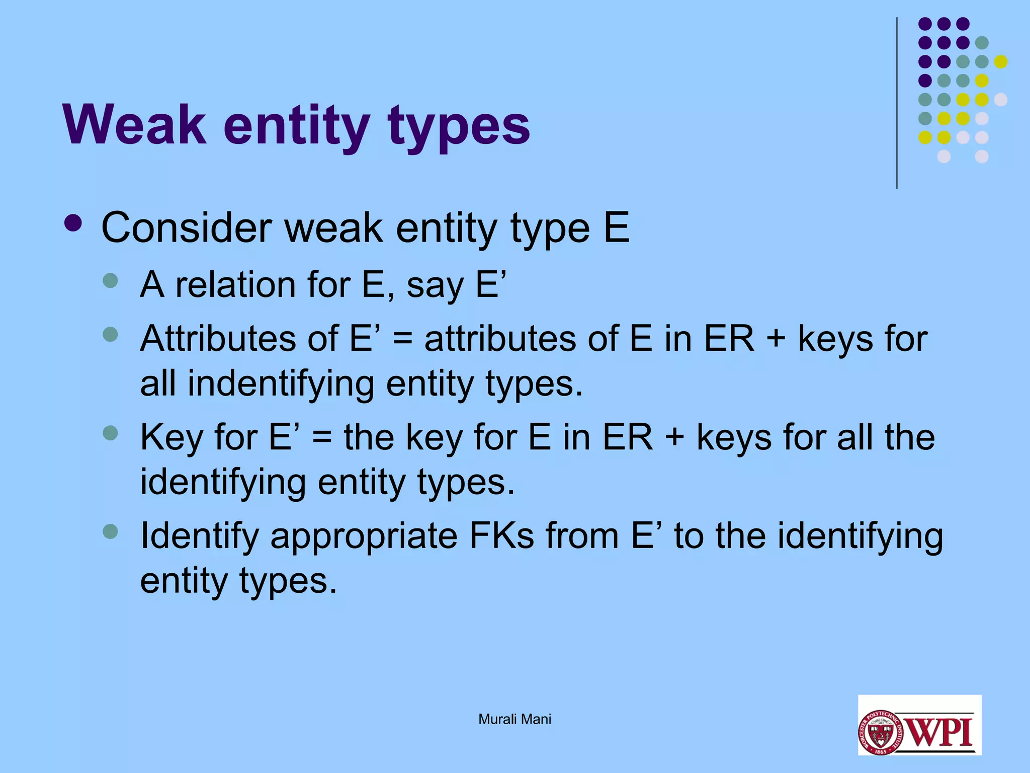Weak entity types
 Consider







weak entity type E

A relation for E, say E’
Attributes of E’ = attributes of E in ER + keys for
all indentifying entity types.
Key for E’ = the key for E in ER + keys for all the
identifying entity types.
Identify appropriate FKs from E’ to the identifying
entity types.

Murali Mani

 