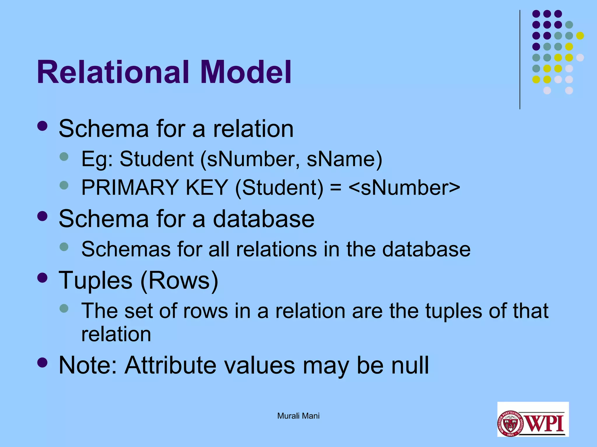 Relational Model
 Schema



Eg: Student (sNumber, sName)
PRIMARY KEY (Student) = <sNumber>

 Schema


for a database

Schemas for all relations in the database

 Tuples


for a relation

(Rows)

The set of rows in a relation are the tuples of that
relation

 Note:

Attribute values may be null
Murali Mani

 