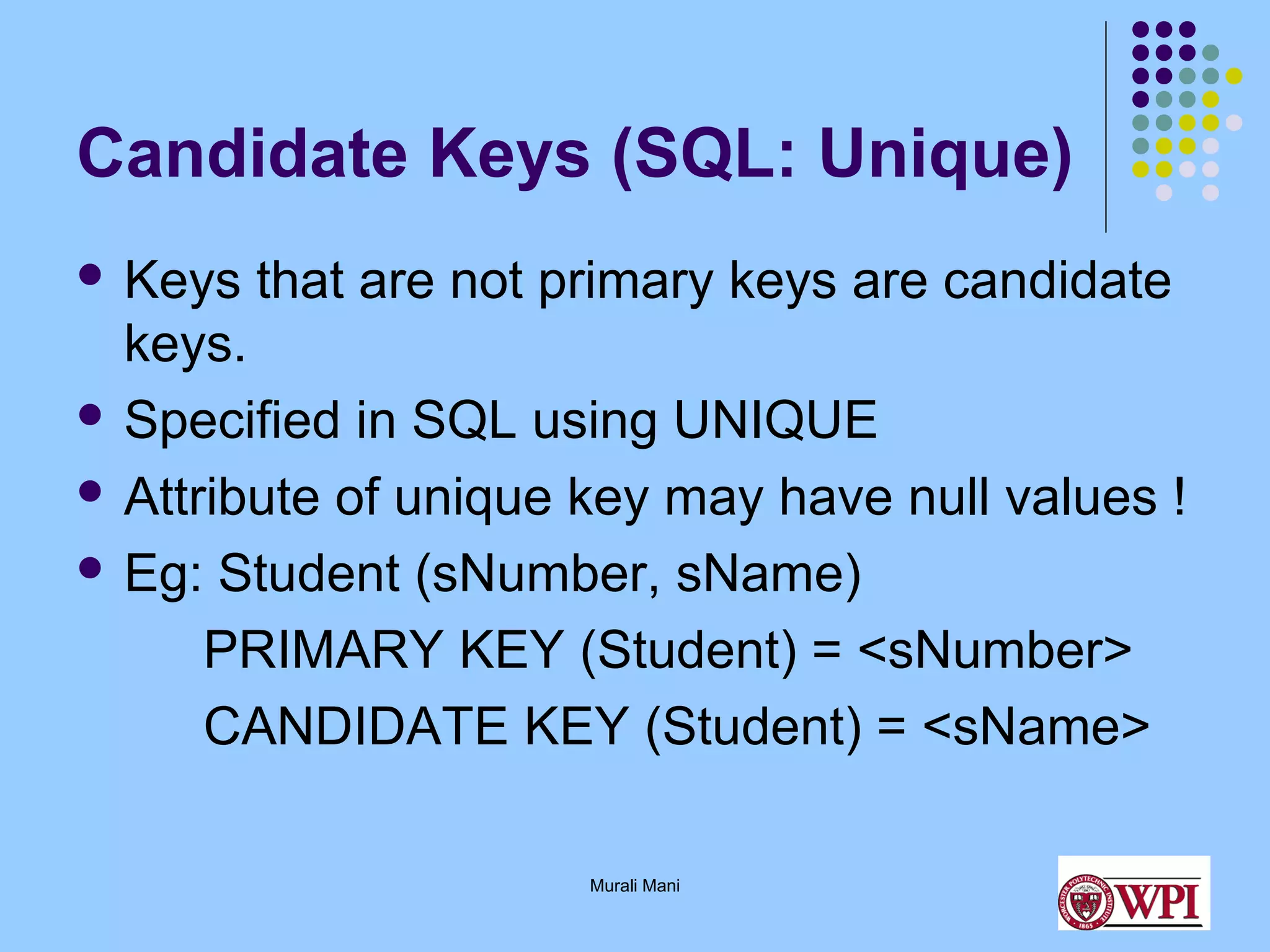 Candidate Keys (SQL: Unique)
 Keys

that are not primary keys are candidate

keys.
 Specified in SQL using UNIQUE
 Attribute of unique key may have null values !
 Eg: Student (sNumber, sName)
PRIMARY KEY (Student) = <sNumber>
CANDIDATE KEY (Student) = <sName>
Murali Mani

 