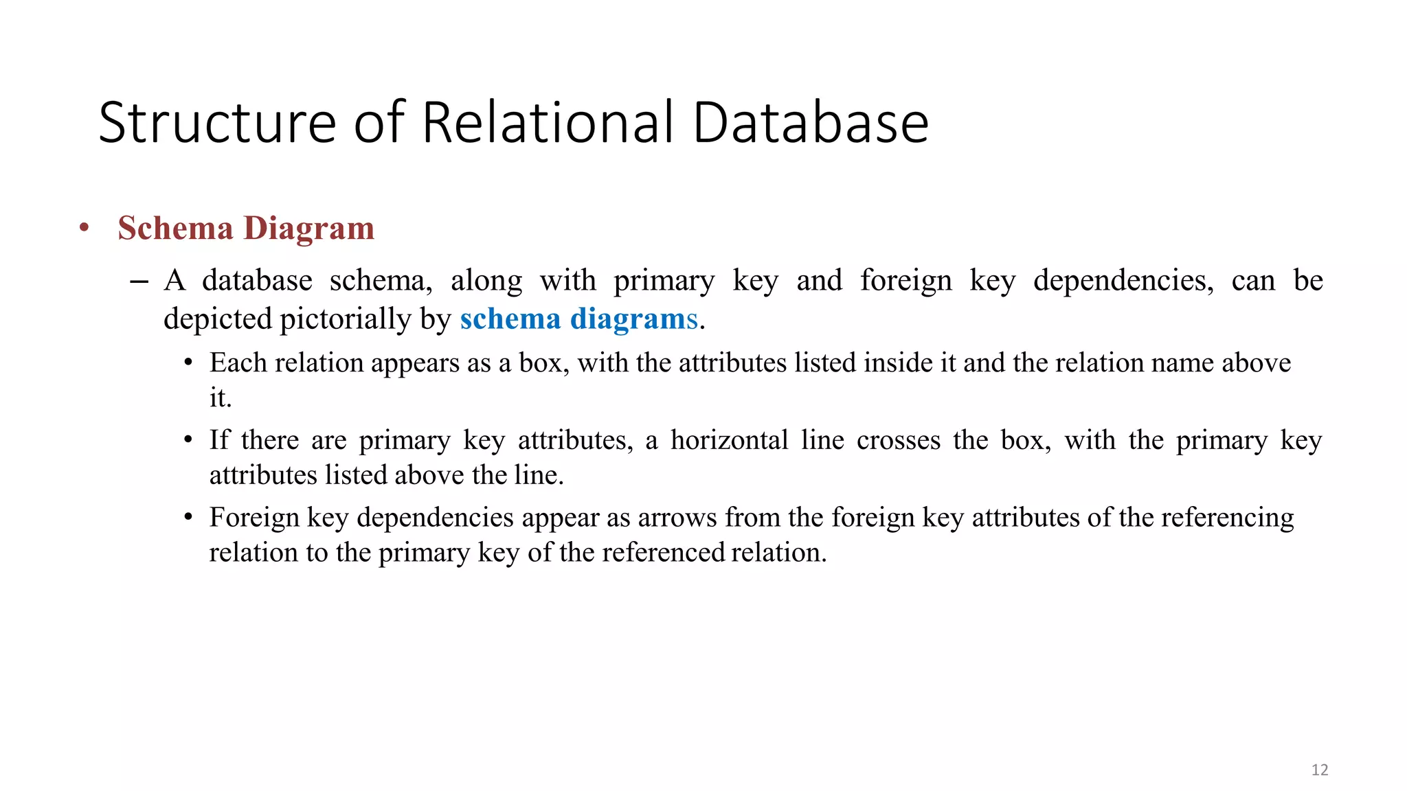 12
Structure of Relational Database
• Schema Diagram
– A database schema, along with primary key and foreign key dependencies, can be
depicted pictorially by schema diagrams.
• Each relation appears as a box, with the attributes listed inside it and the relation name above
it.
• If there are primary key attributes, a horizontal line crosses the box, with the primary key
attributes listed above the line.
• Foreign key dependencies appear as arrows from the foreign key attributes of the referencing
relation to the primary key of the referenced relation.
 