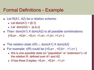 Formal Definitions - Example
 Let R(A1, A2) be a relation schema:
 Let dom(A1) = {0,1}
 Let dom(A2) = {a,b,c}
 Then: dom(A1) X dom(A2) is all possible combinations:
{<0,a> , <0,b> , <0,c>, <1,a>, <1,b>, <1,c> }
 The relation state r(R)  dom(A1) X dom(A2)
 For example: r(R) could be {<0,a> , <0,b> , <1,c> }
 this is one possible state (or “population” or “extension”) r of
the relation R, defined over A1 and A2.
 It has three 2-tuples: <0,a> , <0,b> , <1,c>
 