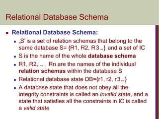 Relational Database Schema
 Relational Database Schema:
 „S‟ is a set of relation schemas that belong to the
same database S= {R1, R2, R3…} and a set of IC
 S is the name of the whole database schema
 R1, R2, … , Rn are the names of the individual
relation schemas within the database S
 Relational database state DB={r1, r2, r3…}
 A database state that does not obey all the
integrity constraints is called an invalid state, and a
state that satisfies all the constraints in IC is called
a valid state
 