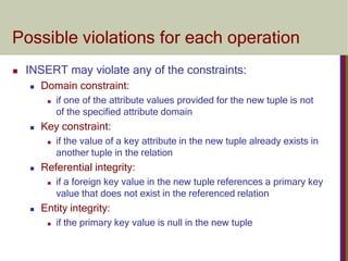 Possible violations for each operation
 INSERT may violate any of the constraints:
 Domain constraint:
 if one of the attribute values provided for the new tuple is not
of the specified attribute domain
 Key constraint:
 if the value of a key attribute in the new tuple already exists in
another tuple in the relation
 Referential integrity:
 if a foreign key value in the new tuple references a primary key
value that does not exist in the referenced relation
 Entity integrity:
 if the primary key value is null in the new tuple
 