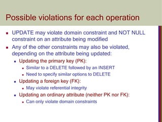Possible violations for each operation
 UPDATE may violate domain constraint and NOT NULL
constraint on an attribute being modified
 Any of the other constraints may also be violated,
depending on the attribute being updated:
 Updating the primary key (PK):
 Similar to a DELETE followed by an INSERT
 Need to specify similar options to DELETE
 Updating a foreign key (FK):
 May violate referential integrity
 Updating an ordinary attribute (neither PK nor FK):
 Can only violate domain constraints
 