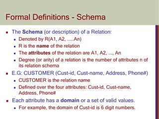 Formal Definitions - Schema
 The Schema (or description) of a Relation:
 Denoted by R(A1, A2, .....An)
 R is the name of the relation
 The attributes of the relation are A1, A2, ..., An
 Degree (or arity) of a relation is the number of attributes n of
its relation schema
 E.G: CUSTOMER (Cust-id, Cust-name, Address, Phone#)
 CUSTOMER is the relation name
 Defined over the four attributes: Cust-id, Cust-name,
Address, Phone#
 Each attribute has a domain or a set of valid values.
 For example, the domain of Cust-id is 6 digit numbers.
 