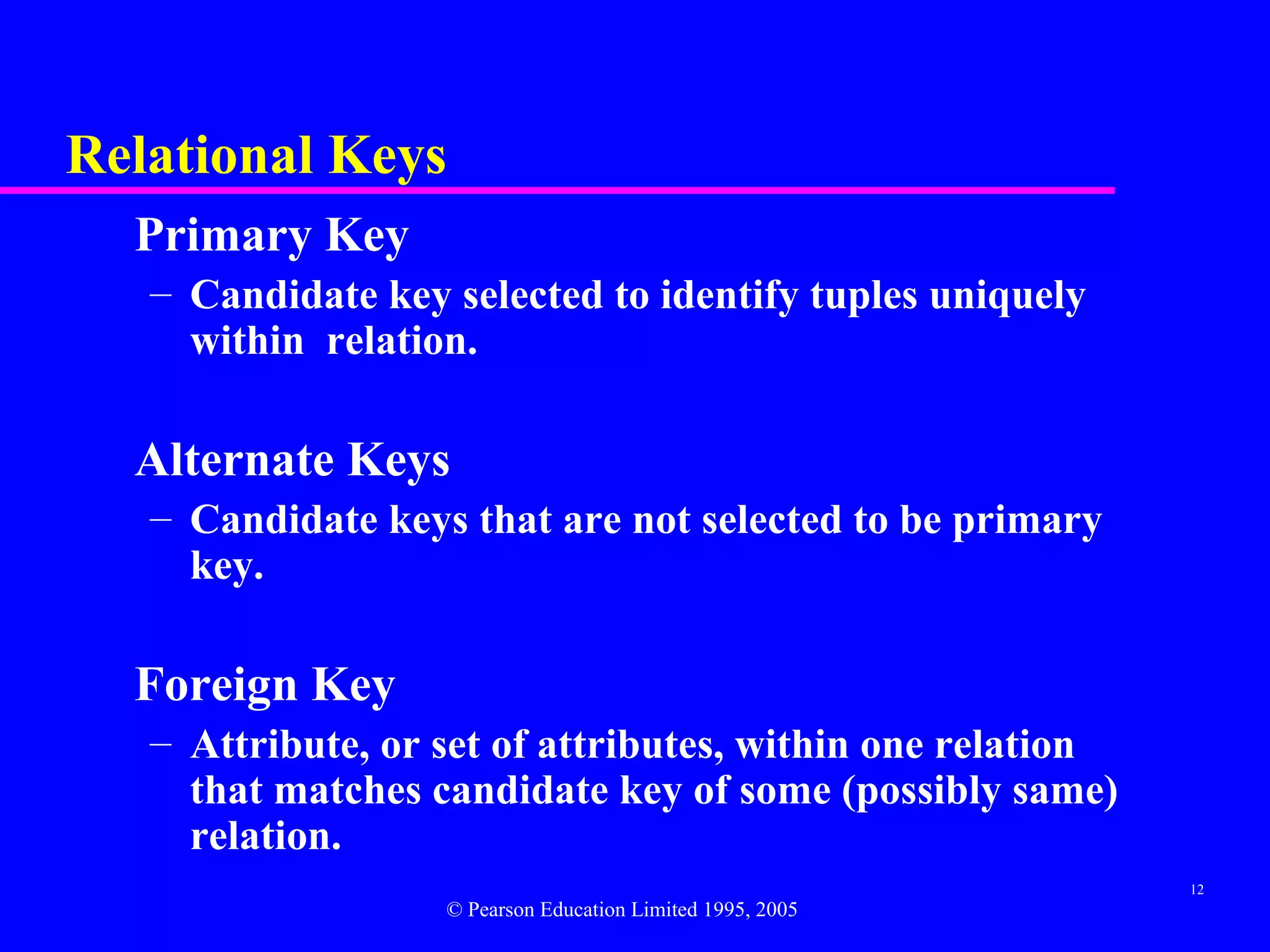 Relational Keys
  Primary Key
   – Candidate key selected to identify tuples uniquely
     within relation.

  Alternate Keys
   – Candidate keys that are not selected to be primary
     key.

  Foreign Key
   – Attribute, or set of attributes, within one relation
     that matches candidate key of some (possibly same)
     relation.
                                                            12
                   © Pearson Education Limited 1995, 2005
 