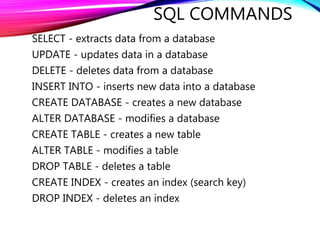 SQL COMMANDS
SELECT - extracts data from a database
UPDATE - updates data in a database
DELETE - deletes data from a database
INSERT INTO - inserts new data into a database
CREATE DATABASE - creates a new database
ALTER DATABASE - modifies a database
CREATE TABLE - creates a new table
ALTER TABLE - modifies a table
DROP TABLE - deletes a table
CREATE INDEX - creates an index (search key)
DROP INDEX - deletes an index
 