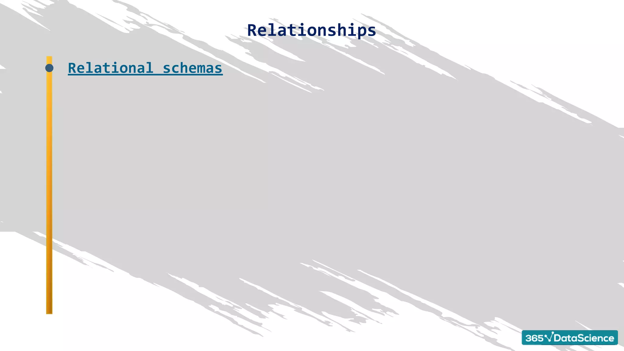 Relational schemas
Relationships
 