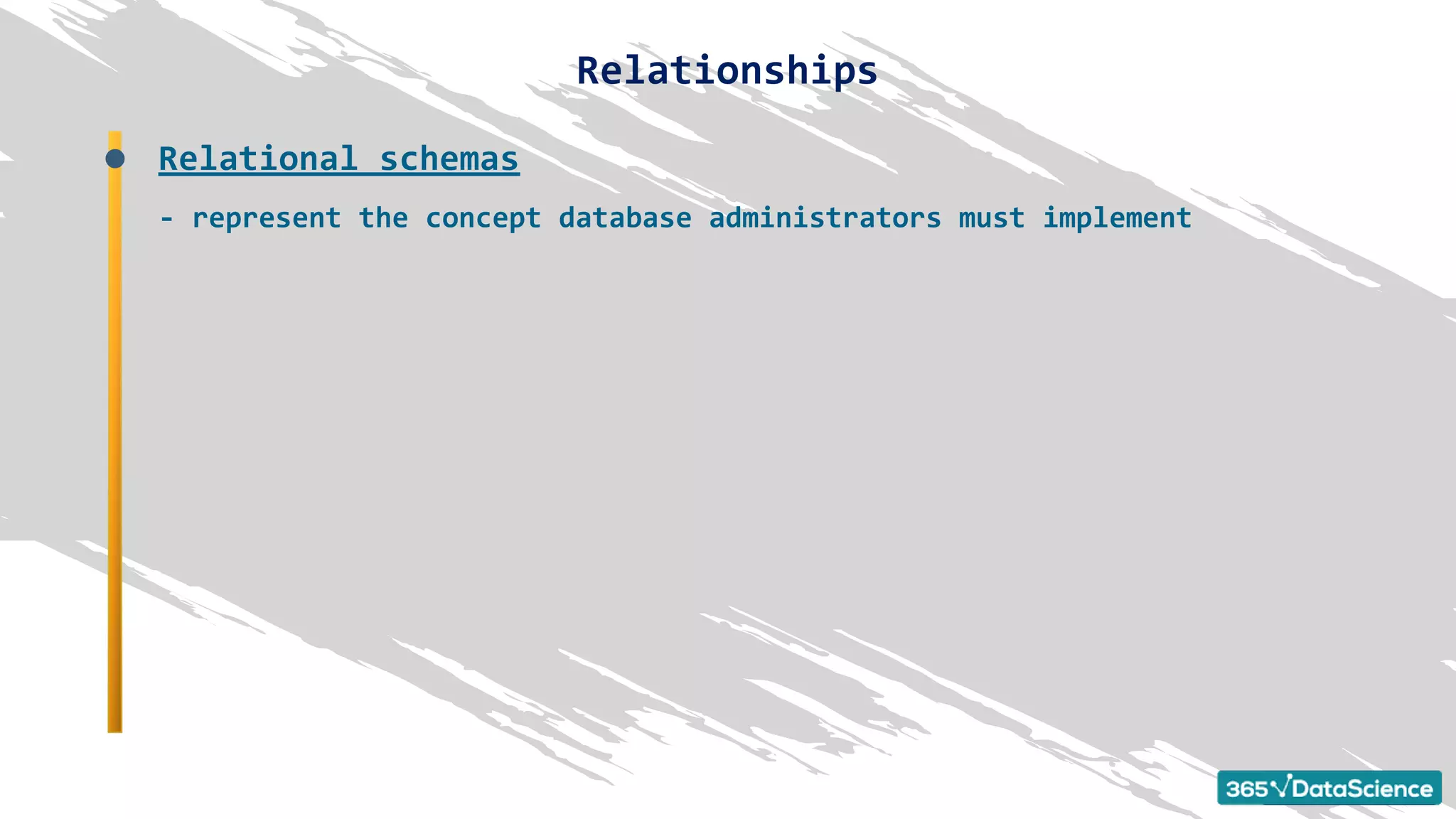 Relational schemas
- represent the concept database administrators must implement
Relationships
 