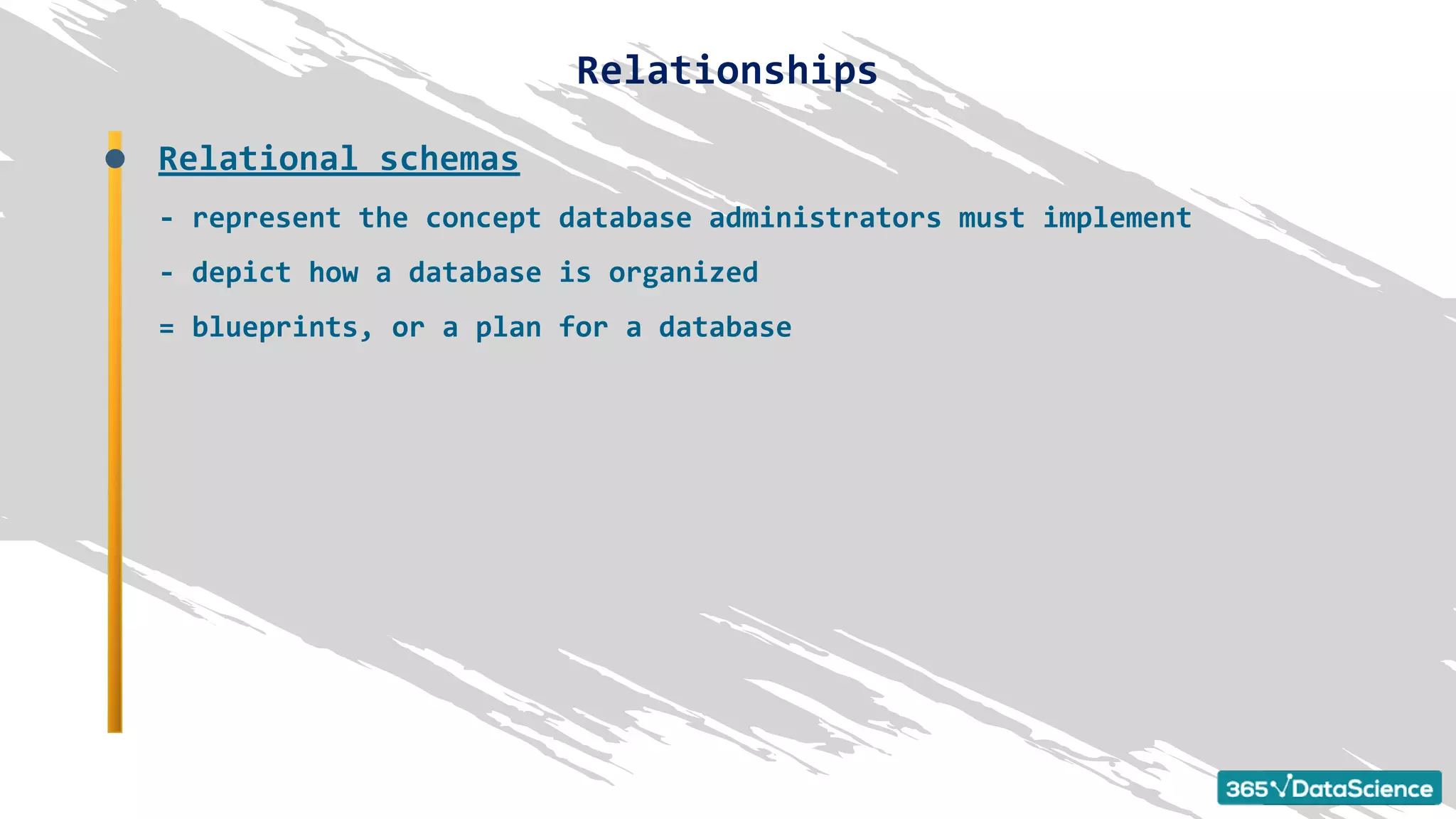 Relational schemas
- represent the concept database administrators must implement
- depict how a database is organized
= blueprints, or a plan for a database
Relationships
 