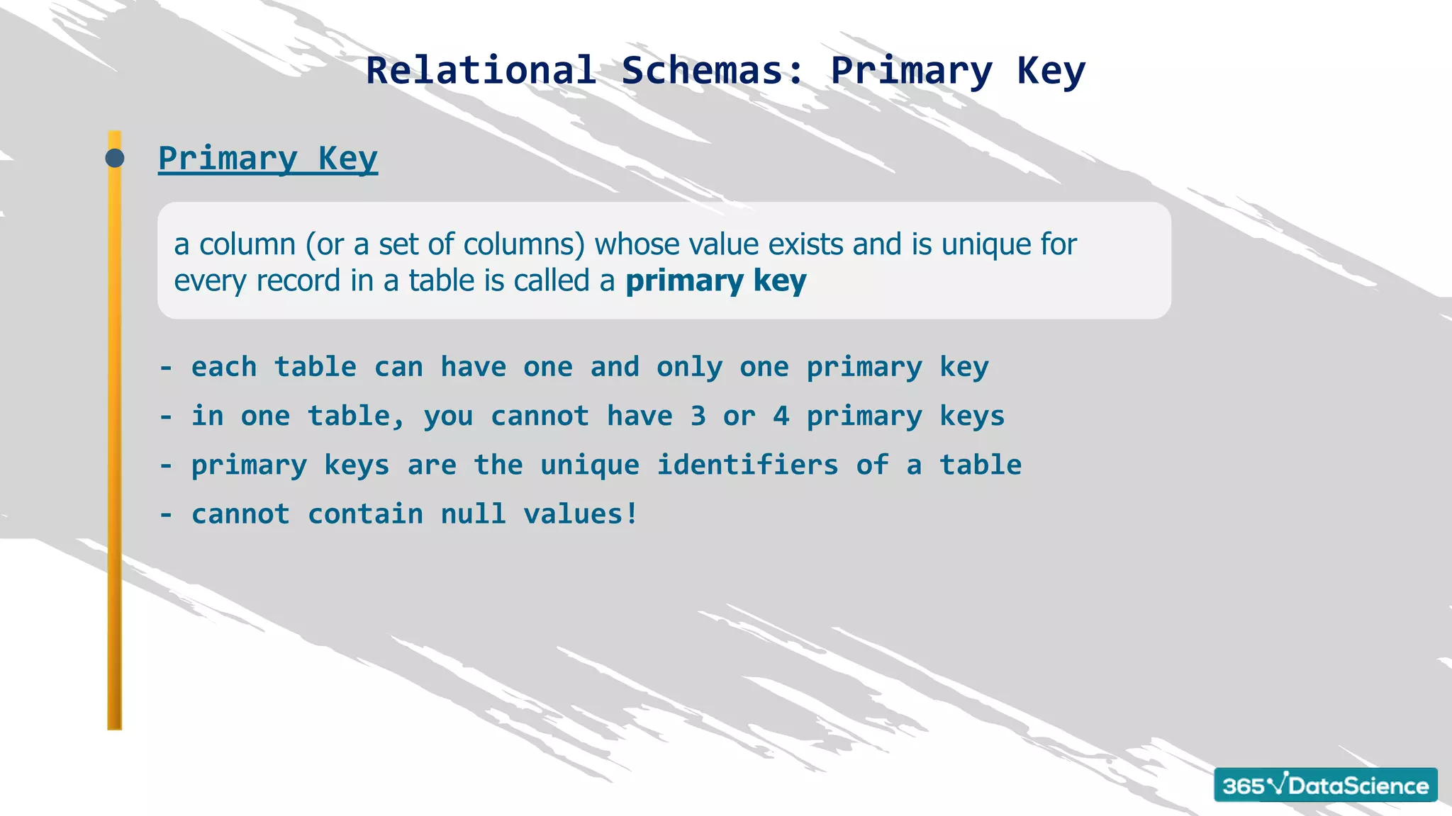 - each table can have one and only one primary key
a column (or a set of columns) whose value exists and is unique for
every record in a table is called a primary key
Primary Key
- primary keys are the unique identifiers of a table
- cannot contain null values!
Relational Schemas: Primary Key
- in one table, you cannot have 3 or 4 primary keys
 