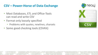 CSV – Power-Horse of Data Exchange
• Most Databases, ETL and Office-Tools
can read and write CSV
• Format only loosely specified
• Problems with quotes, newlines, charsets
• Some good checking tools (CSVKit)
 