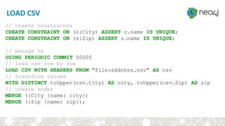 LOAD CSV
// create constraints
CREATE CONSTRAINT ON (c:City) ASSERT c.name IS UNIQUE;
CREATE CONSTRAINT ON (z:Zip) ASSERT z.name IS UNIQUE;
// manage tx
USING PERIODIC COMMIT 50000
// load csv row by row
LOAD CSV WITH HEADERS FROM "file:address.csv" AS csv
// transform values
WITH DISTINCT toUpper(csv.City) AS city, toUpper(csv.Zip) AS zip
// create nodes
MERGE (:City {name: city})
MERGE (:Zip {name: zip});
 