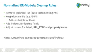 Normalized ER-Models: Cleanup Rules
• Remove technical IDs (auto-incrementing PKs)
• Keep domain IDs (e.g. ISBN)
• Add constraints for those
• Add indexes for lookup fields
• Adjust names for Label, REL_TYPE and propertyName
Note: currently no composite constraints and indexes
 