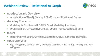 Webinar Review – Relational to Graph
• Introduction and Overview
• Introduction of Neo4j, Solving RDBMS Issues, Northwind Demo
• Modeling Concerns
• Modeling in Graphs and RDBMS, Good Modeling Practices,
• Model first, incremental Modeling, Model Transformation (Rules)
• Import
• Importing into Neo4j, Getting Data from RDBMS, Concrete Examples
• NEXT: Querying
• SQL to Cypher, Comparison, Example Queries, Hard in SQL -> Easy and Fast
in Cypher
 
