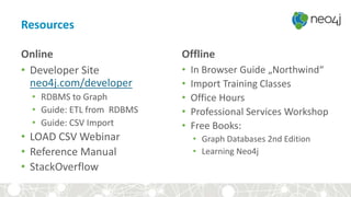 Resources
Online
• Developer Site
neo4j.com/developer
• RDBMS to Graph
• Guide: ETL from RDBMS
• Guide: CSV Import
• LOAD CSV Webinar
• Reference Manual
• StackOverflow
Offline
• In Browser Guide „Northwind“
• Import Training Classes
• Office Hours
• Professional Services Workshop
• Free Books:
• Graph Databases 2nd Edition
• Learning Neo4j
 