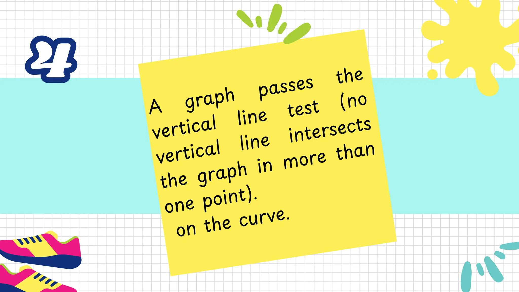 A graph passes the
vertical line test (no
vertical line intersects
the graph in more than
one point).
on the curve.
4
4
 