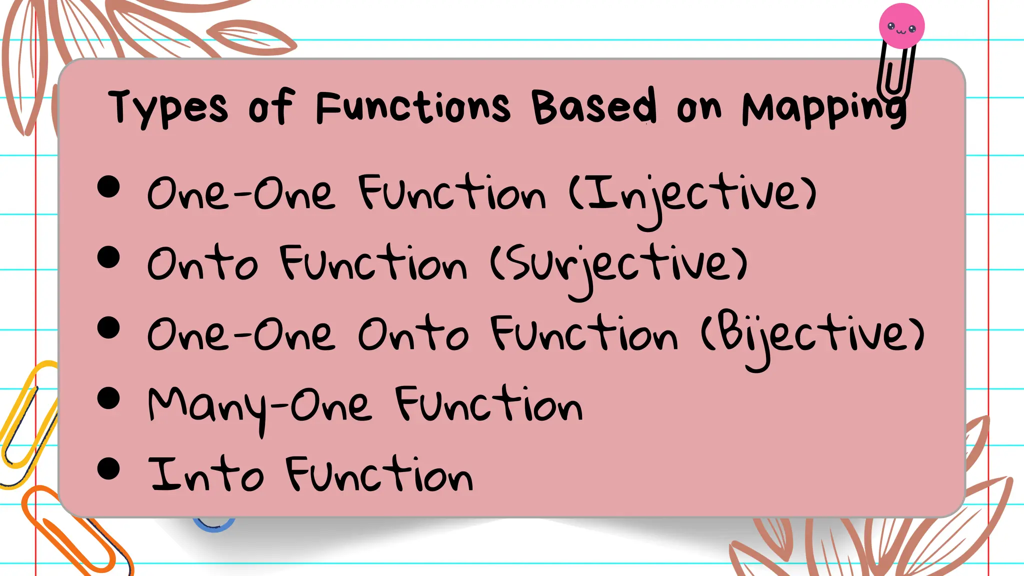 Types of Functions Based on Mapping
One-One Function (Injective)
Onto Function (Surjective)
One-One Onto Function (Bijective)
Many-One Function
Into Function
 