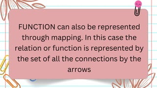 FUNCTION can also be represented
through mapping. In this case the
relation or function is represented by
the set of all the connections by the
arrows
 