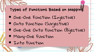 Types of Functions Based on Mapping
One-One Function (Injective)
Onto Function (Surjective)
One-One Onto Function (Bijective)
Many-One Function
Into Function
 