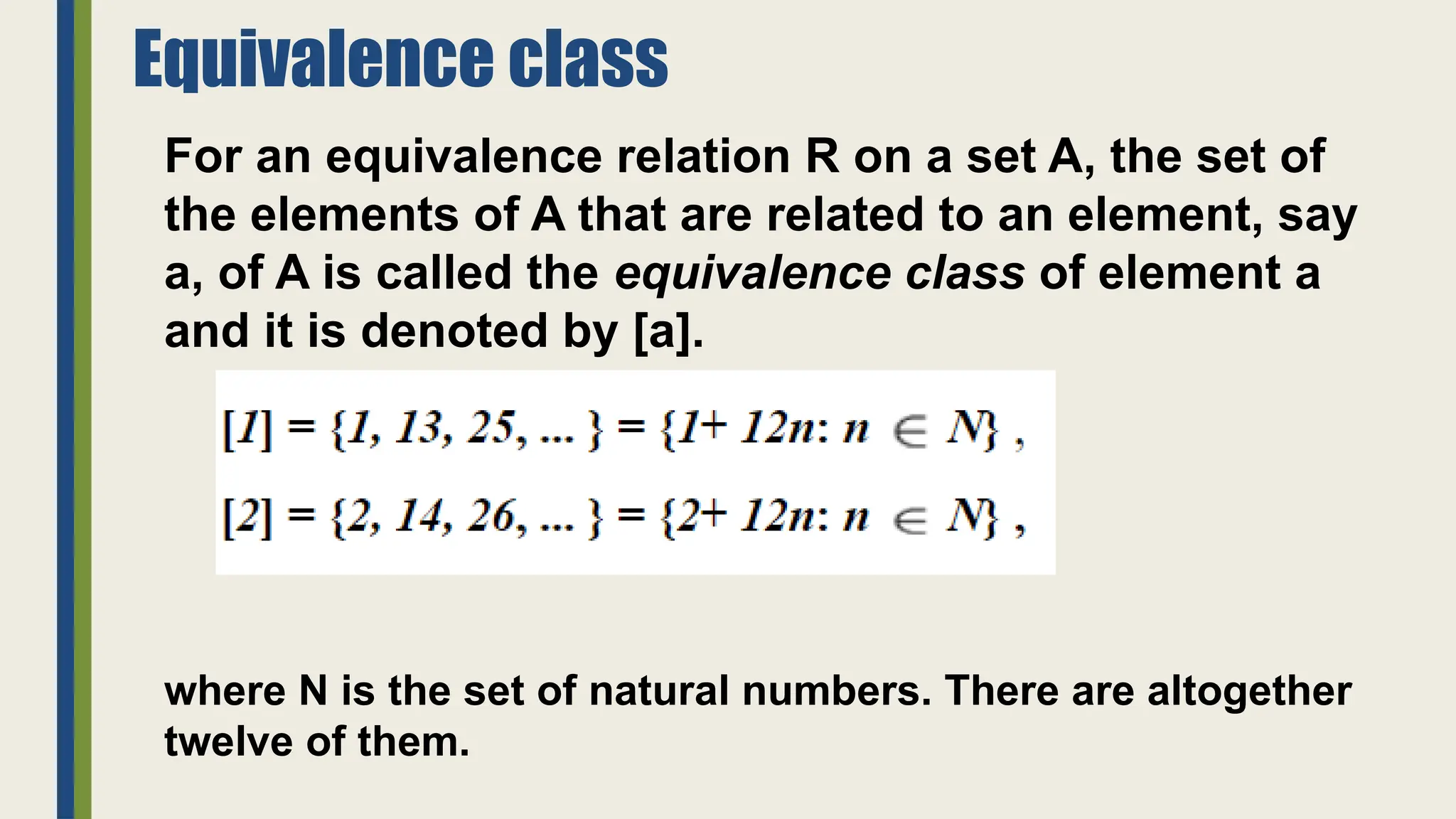 Equivalence class
For an equivalence relation R on a set A, the set of
the elements of A that are related to an element, say
a, of A is called the equivalence class of element a
and it is denoted by [a].
where N is the set of natural numbers. There are altogether
twelve of them.
 