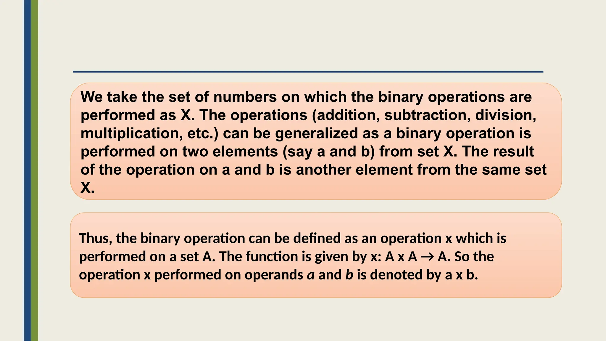We take the set of numbers on which the binary operations are
performed as X. The operations (addition, subtraction, division,
multiplication, etc.) can be generalized as a binary operation is
performed on two elements (say a and b) from set X. The result
of the operation on a and b is another element from the same set
X.
Thus, the binary operation can be defined as an operation x which is
performed on a set A. The function is given by x: A x A → A. So the
operation x performed on operands a and b is denoted by a x b.
 